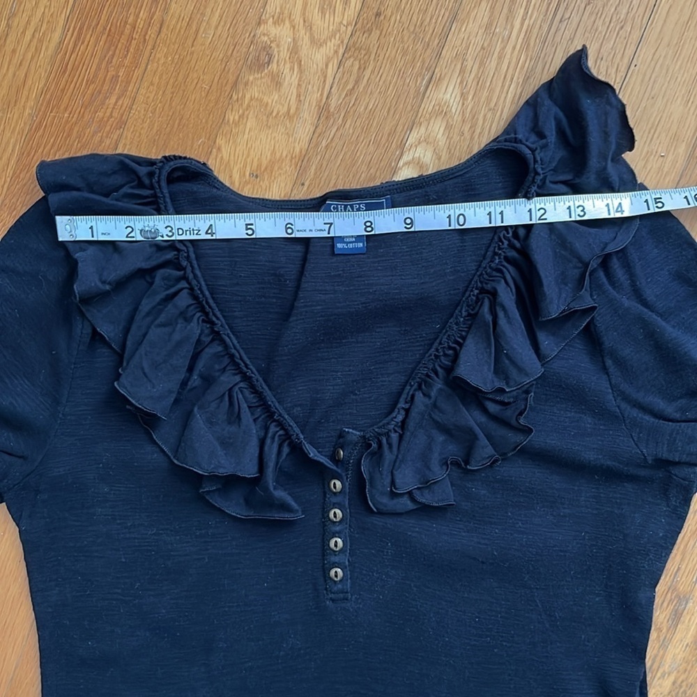 Chaps Y2K Style Black Ruffle Collar 3/4 Sleeve 100% Cotton Knit T-Shirt Blouse - Picture 7 of 11